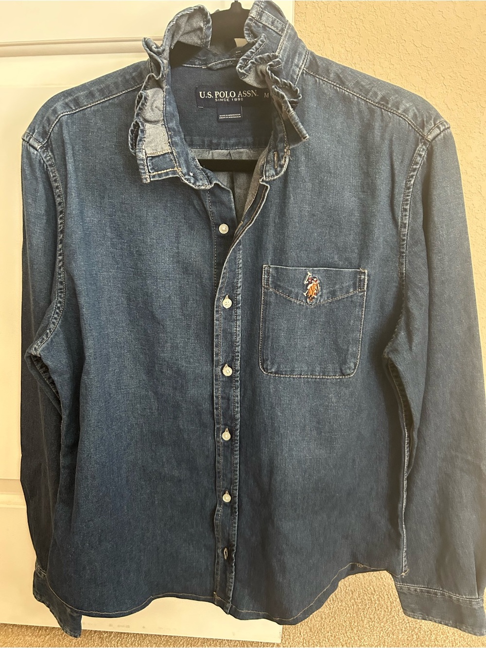 Denim Ralph Lauren shirt with ruffled collar recreated for a woman